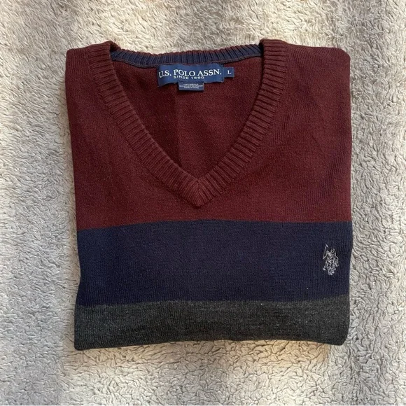 U.S. Polo Assn V Neck Sweater Mens Large Maroon Blue Grey - Picture 6 of 6